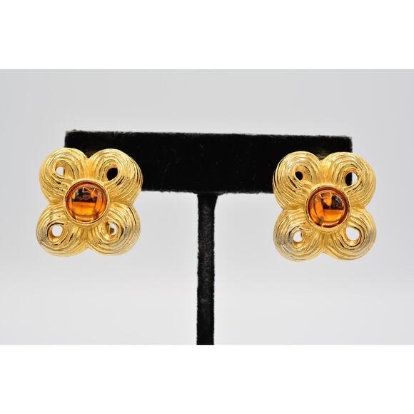 Givenchy Vintage Cabochon Clip On Earrings Amber Gold Tone Signed 1980s BinAF - Picture 1 of 12